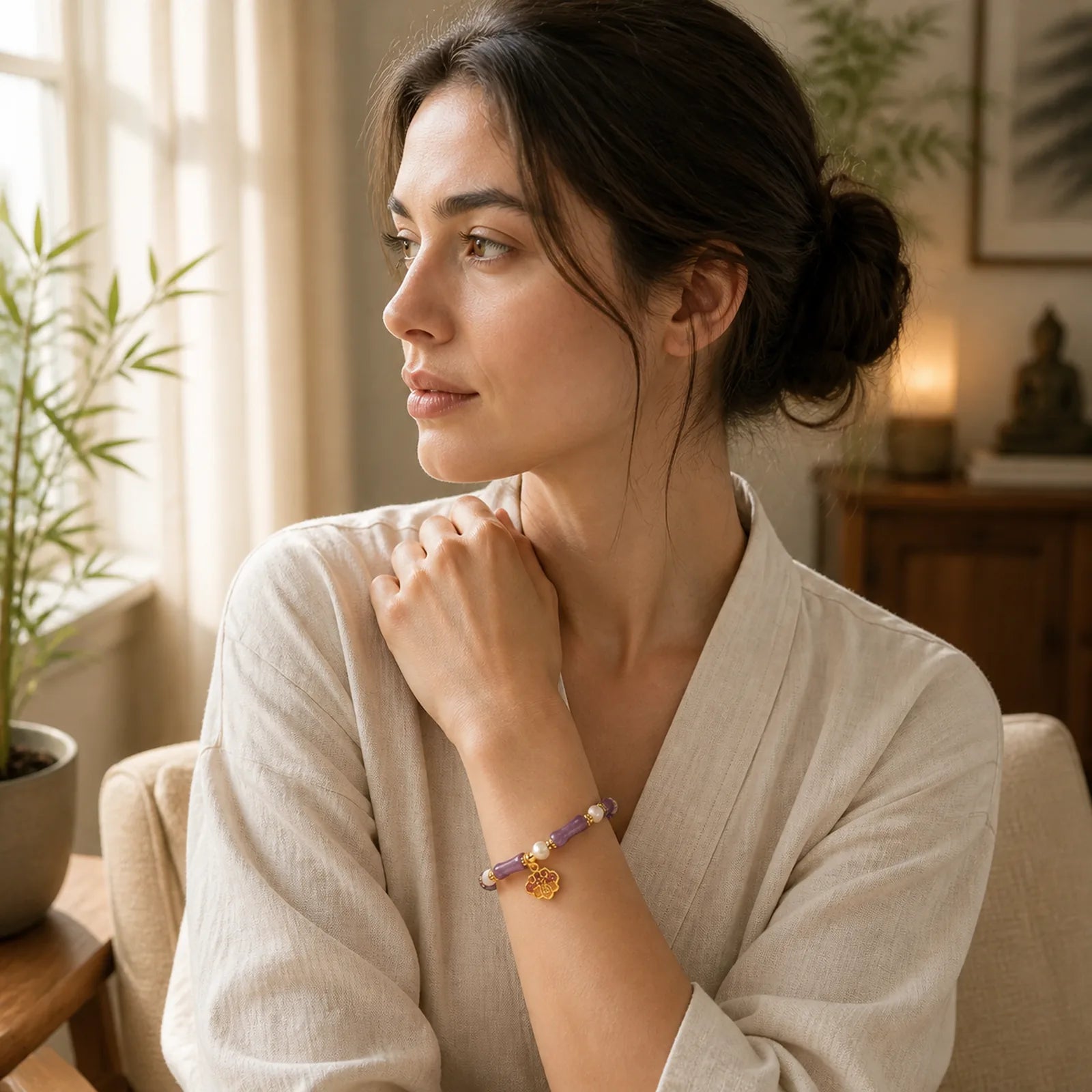 Natural Peace Lock Bamboo Shape Fu Character Amethyst Pearl Balance Bracelet featuring Bamboo, Fu Character, Amethyst