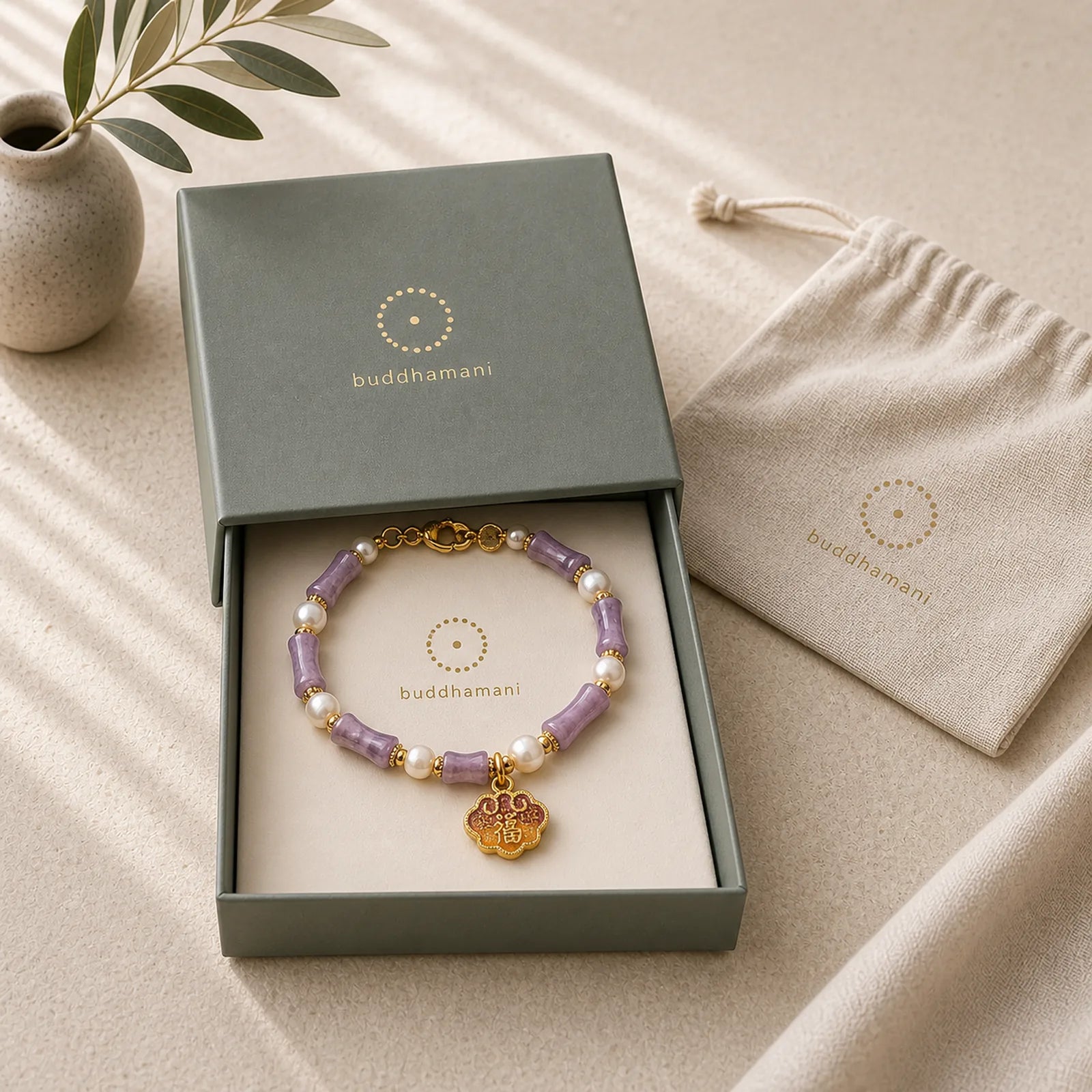Natural Peace Lock Bamboo Shape Fu Character Amethyst Pearl Balance Bracelet featuring Bamboo, Fu Character, Amethyst