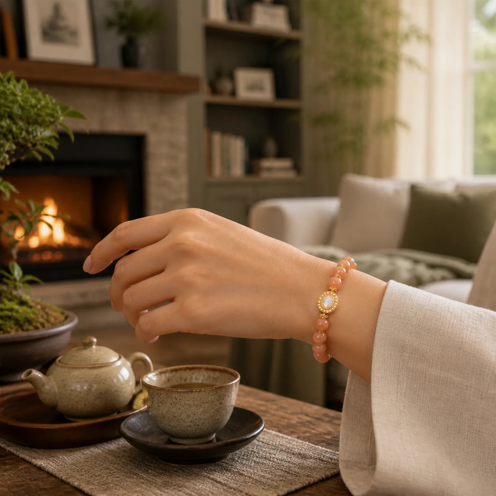Natural Peach Moonstone Adjustable Soothing Bracelet featuring Peach Moonstone, Moonstone