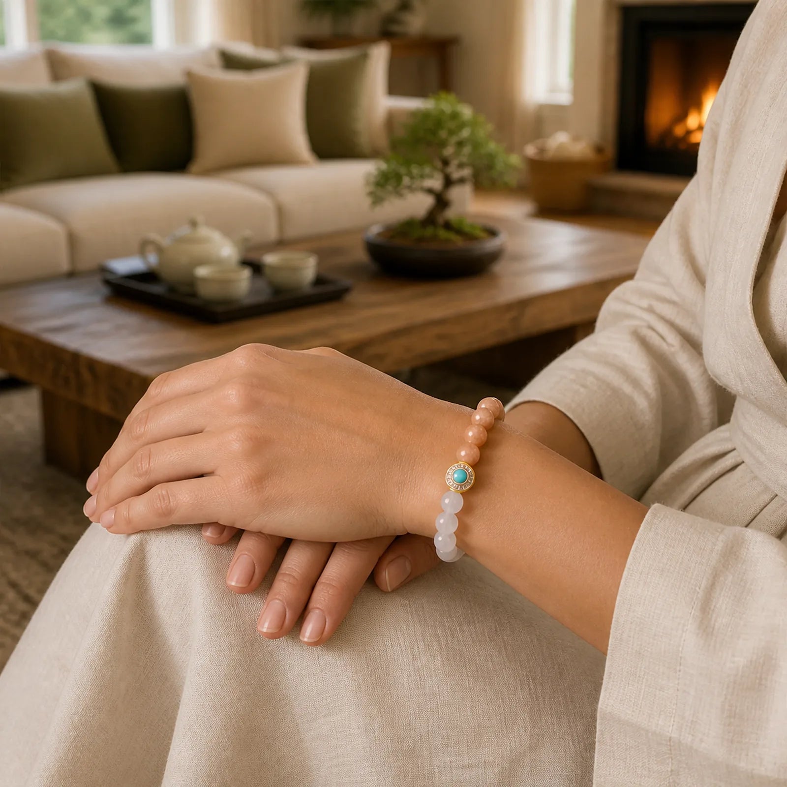 Natural Peach Moonstone Aquamarine Soothing Bracelet featuring Peach Moonstone, Moonstone, Aquamarine