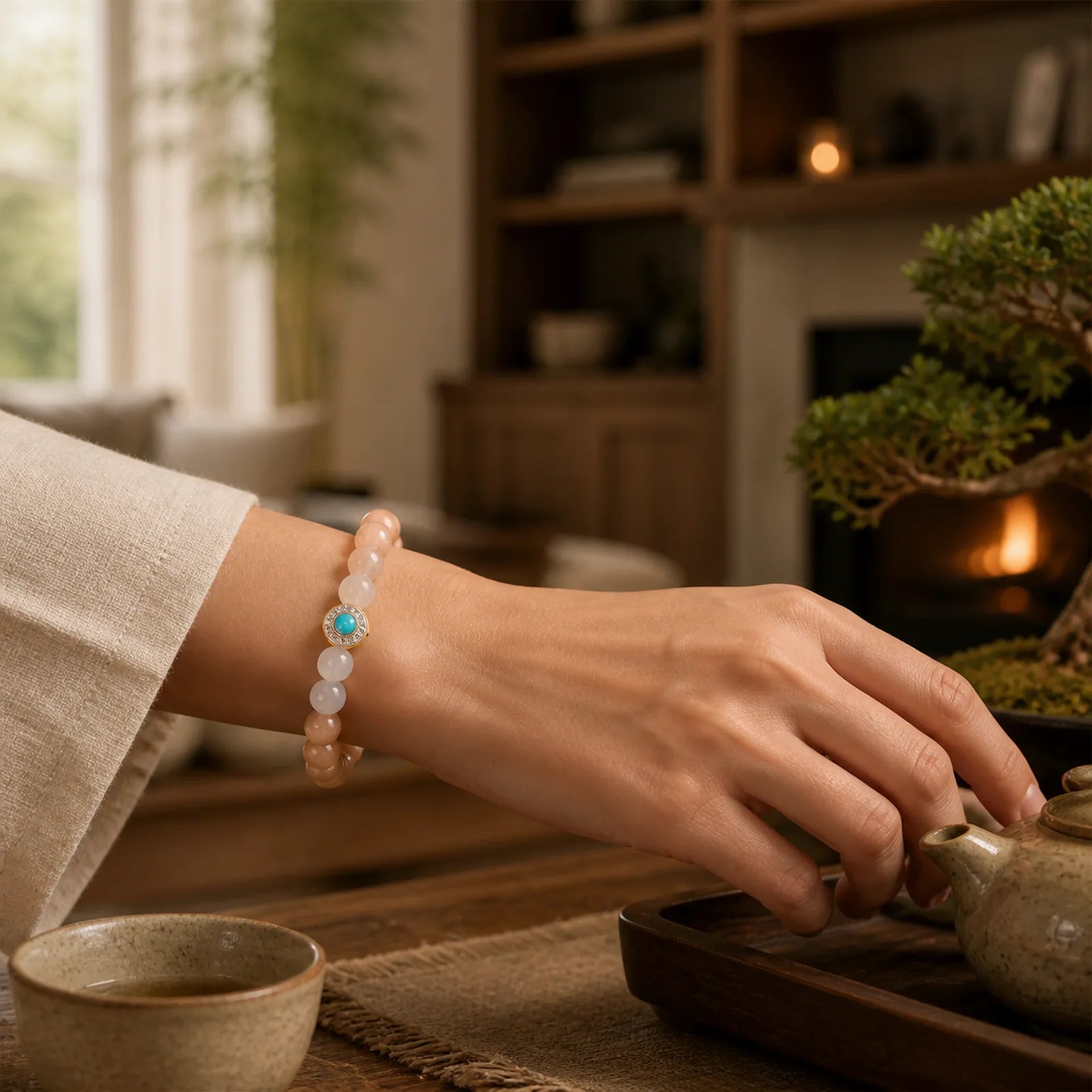 Natural Peach Moonstone Aquamarine Soothing Bracelet featuring Peach Moonstone, Moonstone, Aquamarine