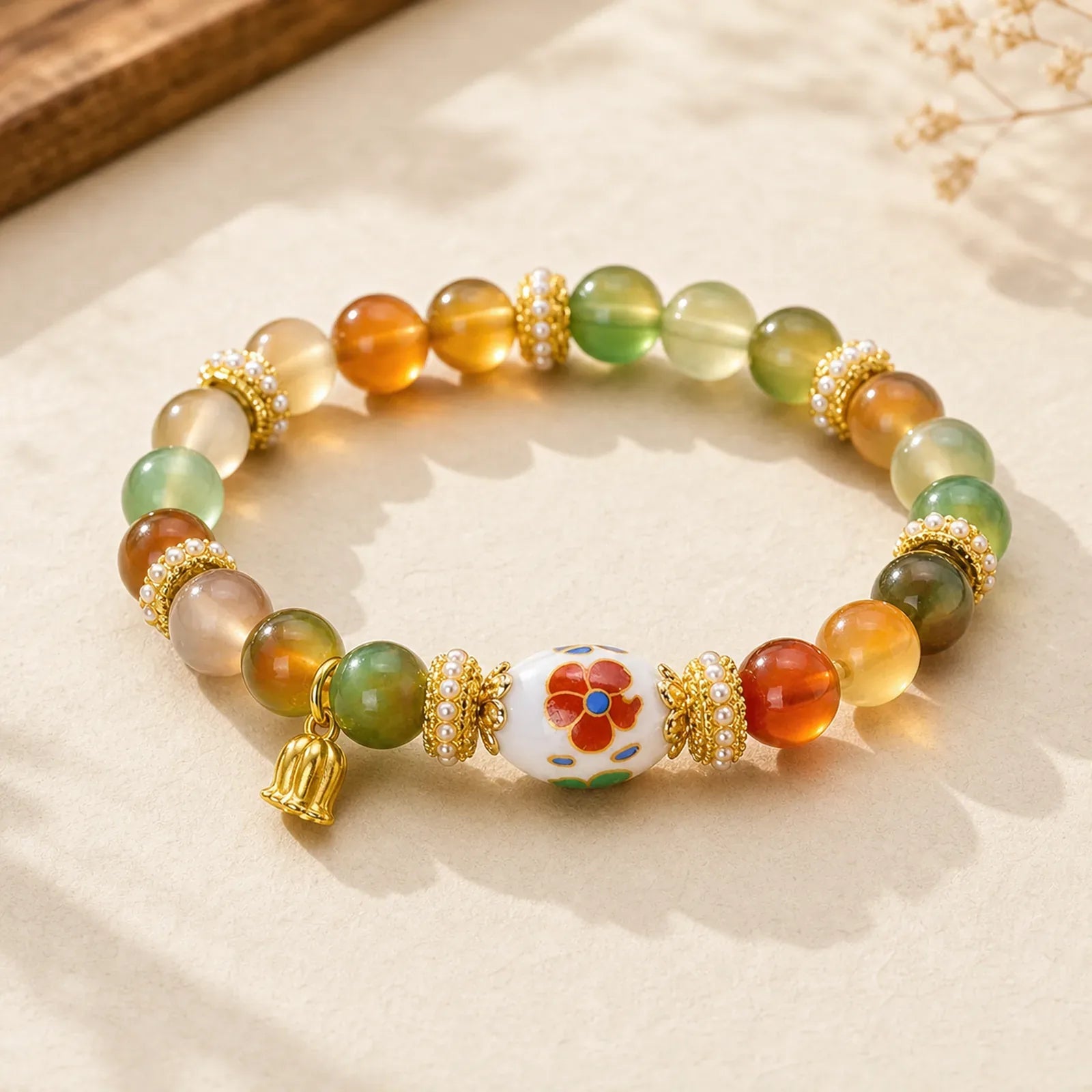 Natural Peacock Agate Ceramic Barrel Bead Lotus Pendant Confidence Round Bead Bracele featuring Peacock Agate, Peacock, Lotus