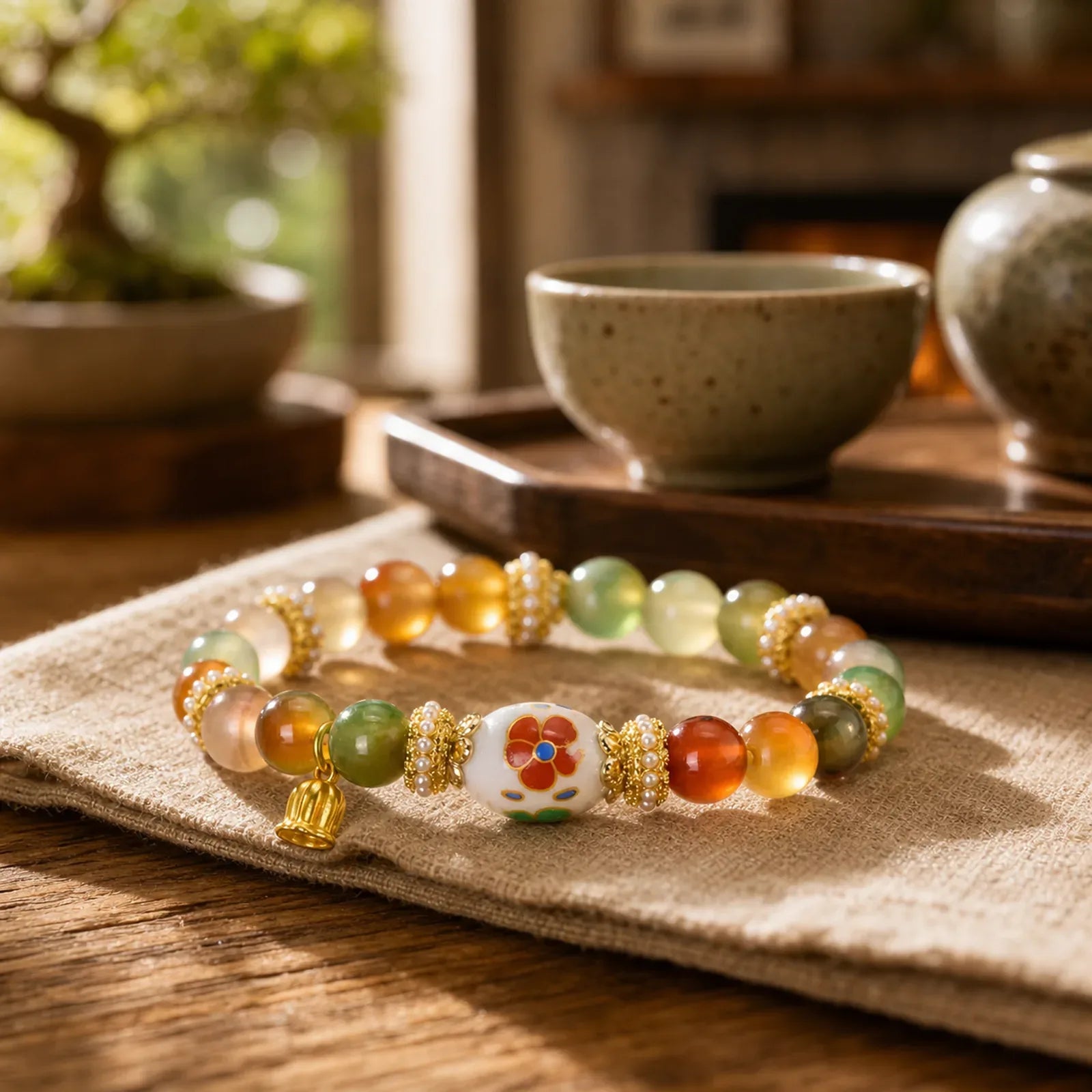 Natural Peacock Agate Ceramic Barrel Bead Lotus Pendant Confidence Round Bead Bracele featuring Peacock Agate, Peacock, Lotus