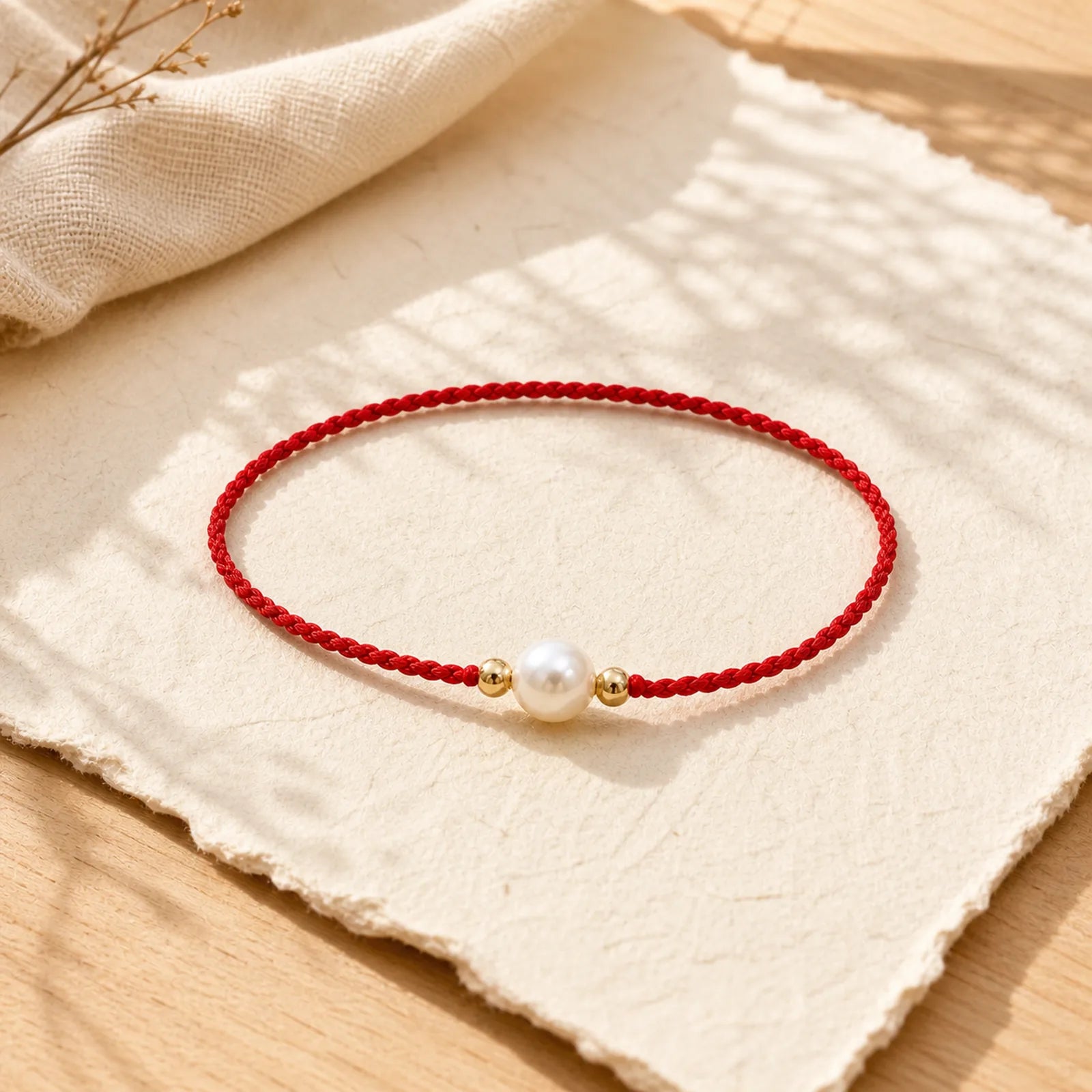 Natural Pearl Bead Luck Braid String Bracelet featuring Pearl, Red String