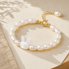 Natural Pearl Cute Rabbit Sincerity Bracelet featuring Pearl, Jade, Evil Eye