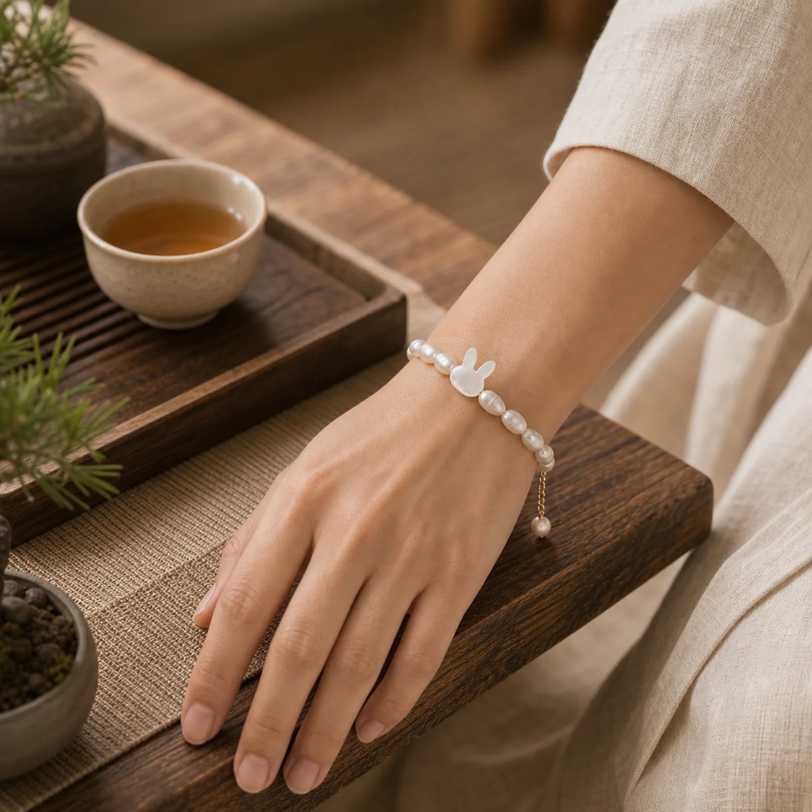 Natural Pearl Cute Rabbit Sincerity Bracelet featuring Pearl, Jade, Evil Eye