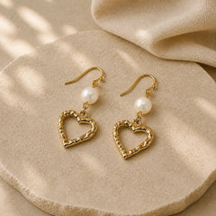 Natural Pearl Heart Shape Drop Dangle Healing Earrings featuring Pearl, Titanium Steel