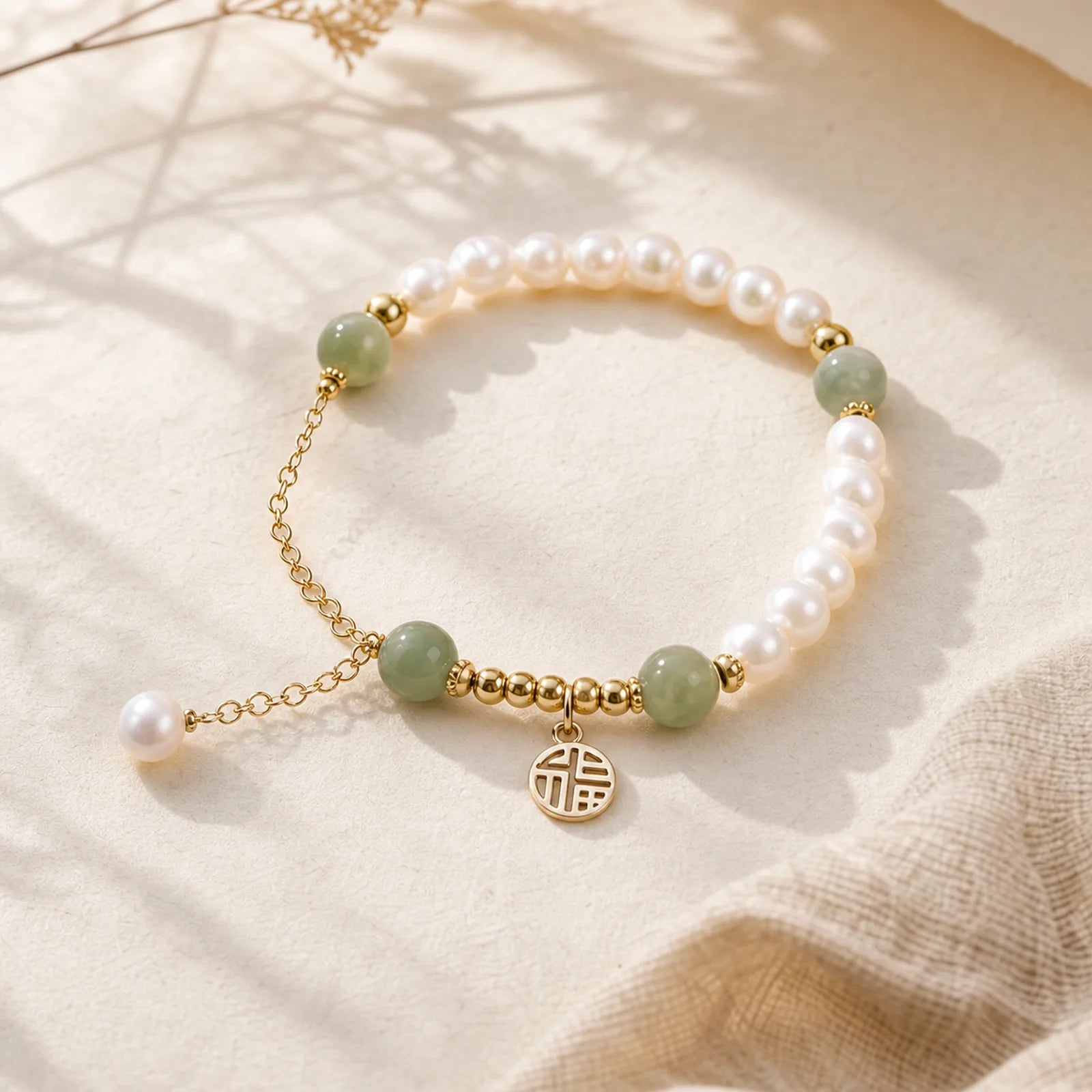 Natural Pearl Hetian Jade Happiness Wisdom Bead Bracelet featuring Pearl, Jade, Fu Character