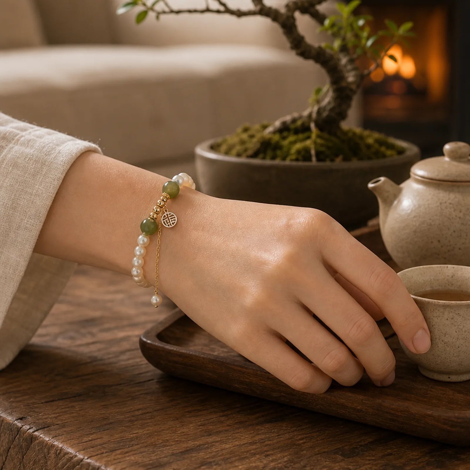 Natural Pearl Hetian Jade Happiness Wisdom Bead Bracelet featuring Pearl, Jade, Fu Character