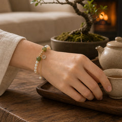 Natural Pearl Hetian Jade Happiness Wisdom Bead Bracelet featuring Pearl, Jade, Fu Character