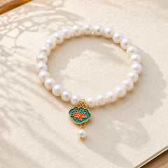 Natural Pearl Lotus Koi Fish Goldfish Optimism Charm Bracelet featuring Pearl, Lotus, Koi Fish