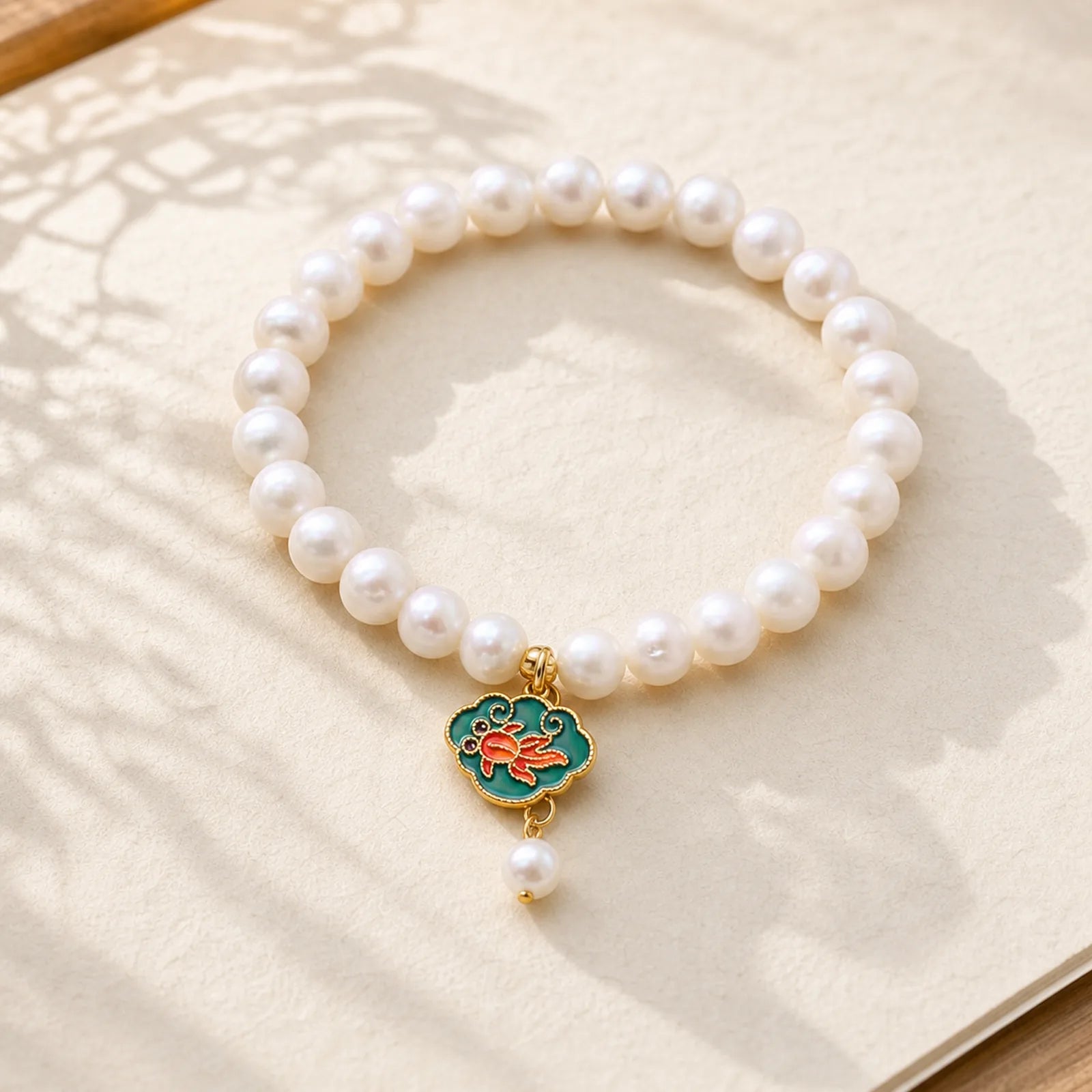 Natural Pearl Lotus Koi Fish Goldfish Optimism Charm Bracelet featuring Pearl, Lotus, Koi Fish