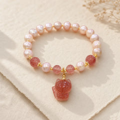 Natural Pearl Strawberry Quartz Cute Fox Love Healing Charm Bracelet featuring Pearl, Strawberry Quartz