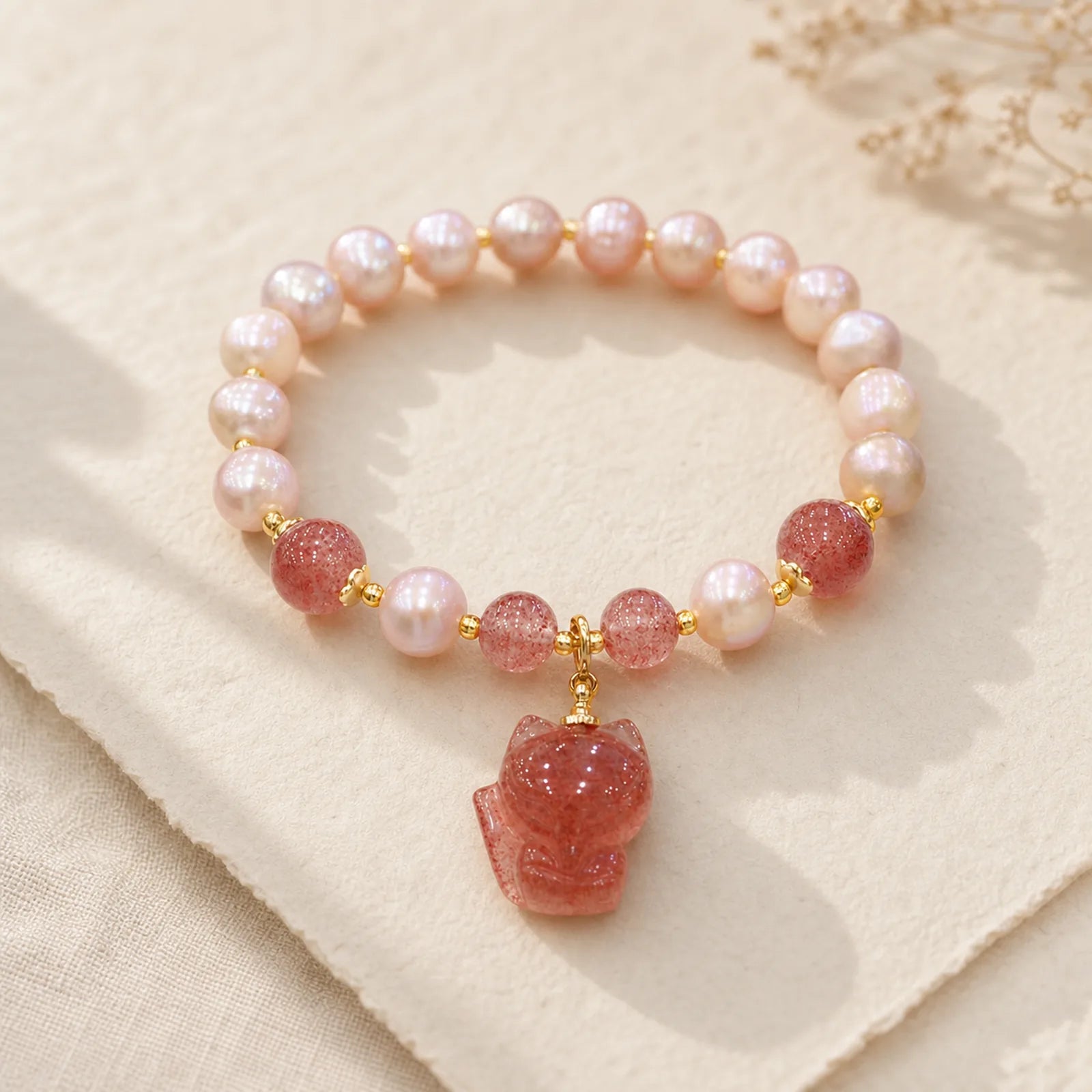 Natural Pearl Strawberry Quartz Cute Fox Love Healing Charm Bracelet featuring Pearl, Strawberry Quartz