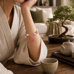 Natural Pearl Strawberry Quartz Cute Fox Love Healing Charm Bracelet featuring Pearl, Strawberry Quartz