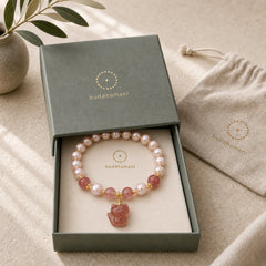 Natural Pearl Strawberry Quartz Cute Fox Love Healing Charm Bracelet featuring Pearl, Strawberry Quartz