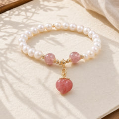 Natural Pearl Strawberry Quartz Peach Love Heart Wisdom Charm Bracelet featuring Pearl, Strawberry Quartz