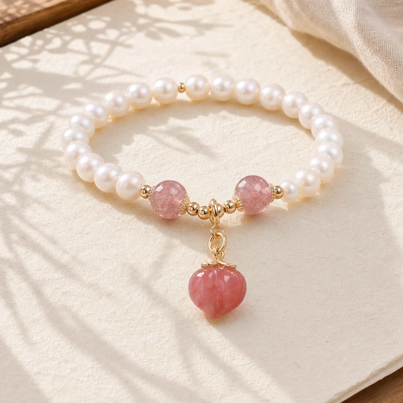 Natural Pearl Strawberry Quartz Peach Love Heart Wisdom Charm Bracelet featuring Pearl, Strawberry Quartz