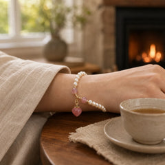 Natural Pearl Strawberry Quartz Peach Love Heart Wisdom Charm Bracelet featuring Pearl, Strawberry Quartz