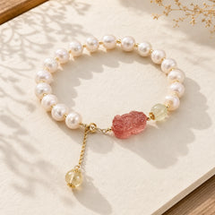 Natural Pearl Strawberry Quartz PiXiu Optimism Charm Bracelet featuring Pearl, Strawberry Quartz, Pixiu