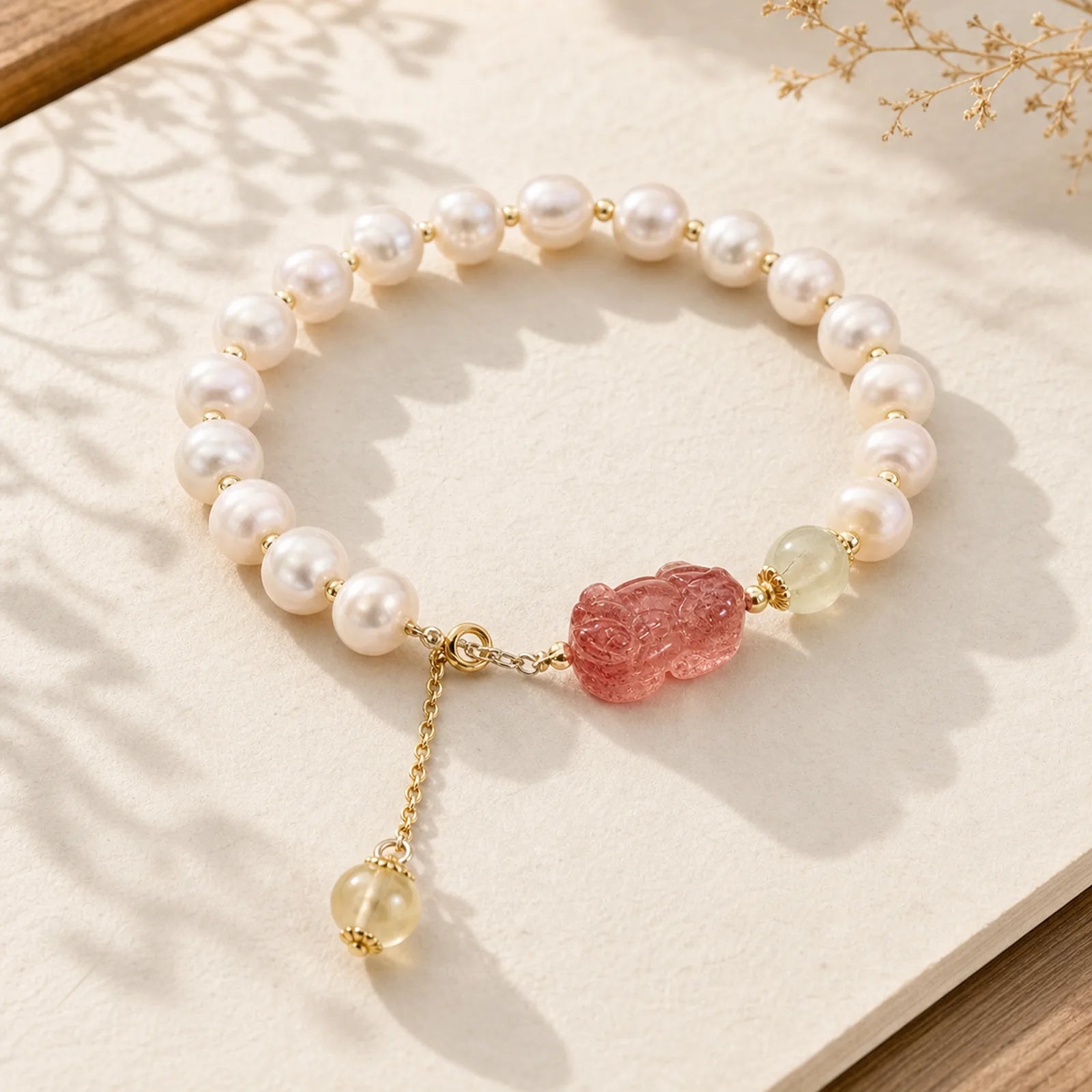 Natural Pearl Strawberry Quartz PiXiu Optimism Charm Bracelet featuring Pearl, Strawberry Quartz, Pixiu