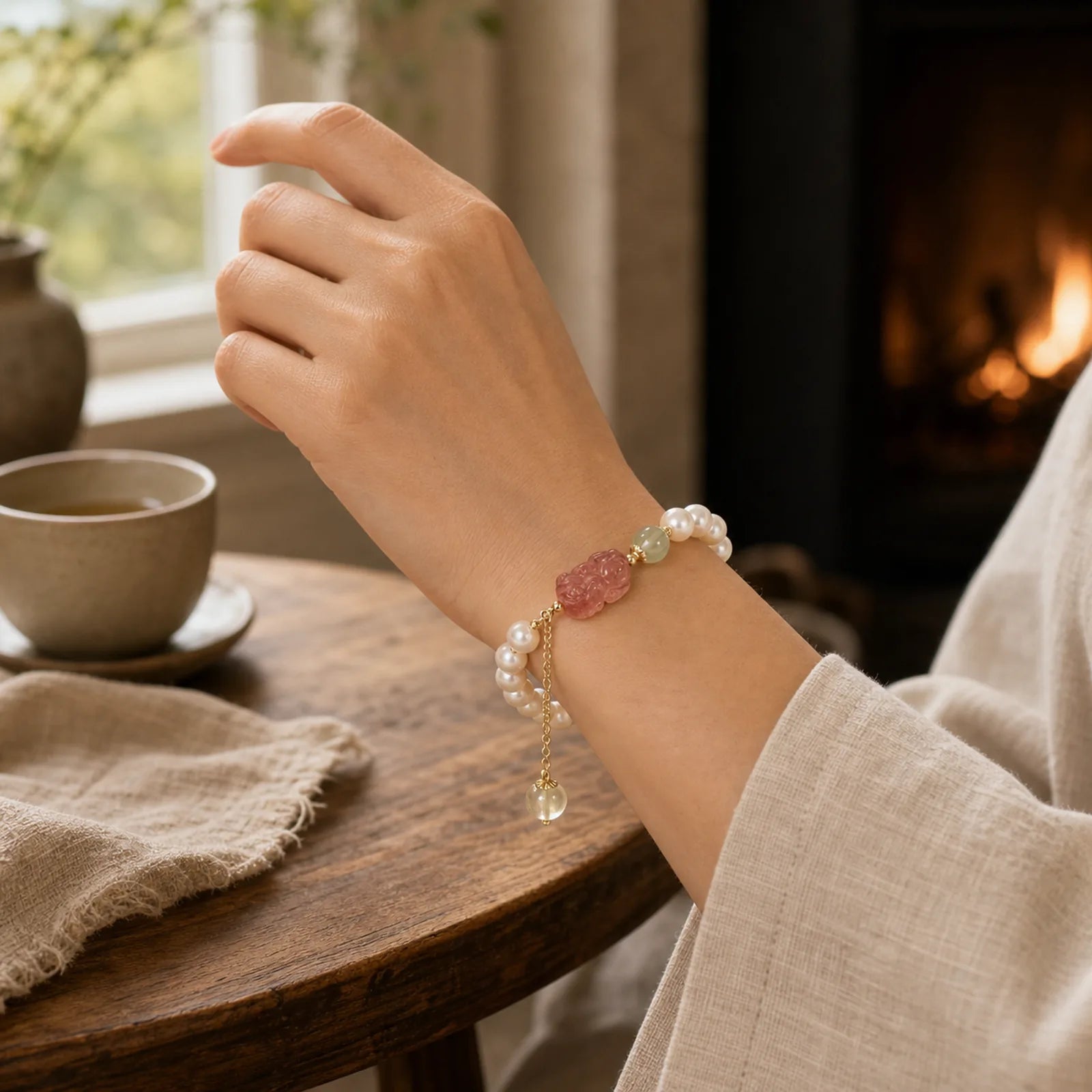 Natural Pearl Strawberry Quartz PiXiu Optimism Charm Bracelet featuring Pearl, Strawberry Quartz, Pixiu