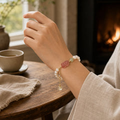 Natural Pearl Strawberry Quartz PiXiu Optimism Charm Bracelet featuring Pearl, Strawberry Quartz, Pixiu