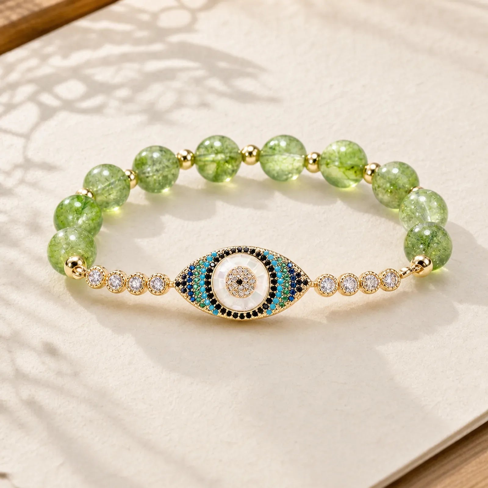 Natural Peridot Evil Eye Abundance Bracelet featuring Peridot, Evil Eye