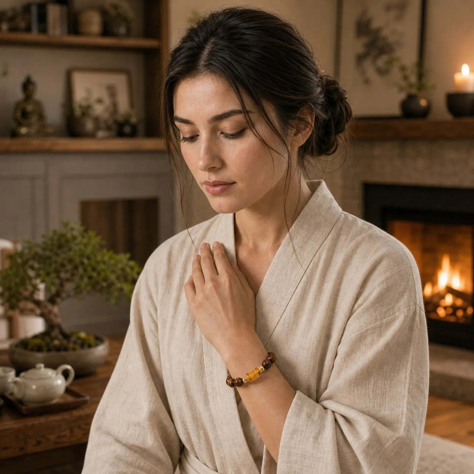 Natural Phoebe Zhennan Wood Om Mani Padme Hum God Of Wealth Crystal Protection Bracelet (Extra 40% Off | USE CODE: FS40) featuring Phoebe Zhennan Wood, Om Mani Padme Hum, Om