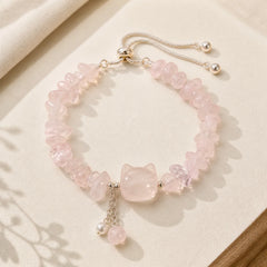 Natural Pink Crystal Agate Gravel Stone Cat Head Soothing Bracelet featuring Pink Crystal, Copper, Rose Quartz