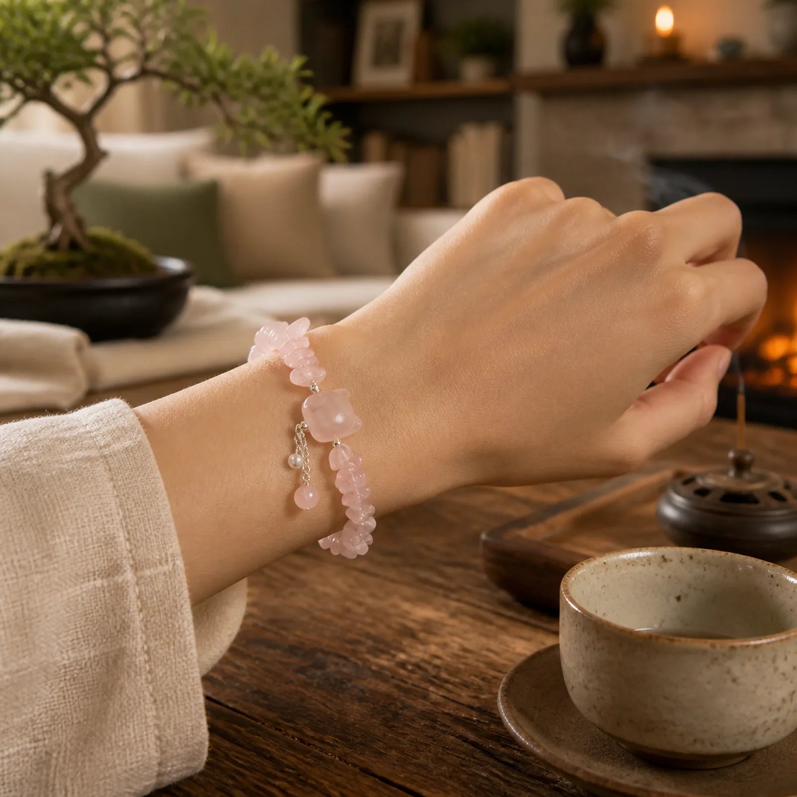 Natural Pink Crystal Agate Gravel Stone Cat Head Soothing Bracelet featuring Pink Crystal, Copper, Rose Quartz