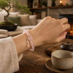 Natural Pink Crystal Agate Gravel Stone Cat Head Soothing Bracelet featuring Pink Crystal, Copper, Rose Quartz