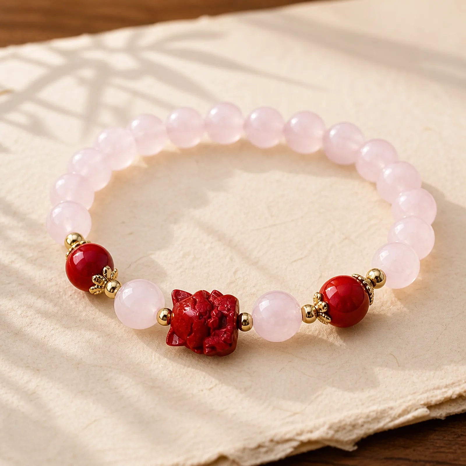 Natural Pink Crystal Cinnabar Nine Tailed Fox Love Bracelet featuring Pink Crystal, Cinnabar, Nine-Tailed Fox