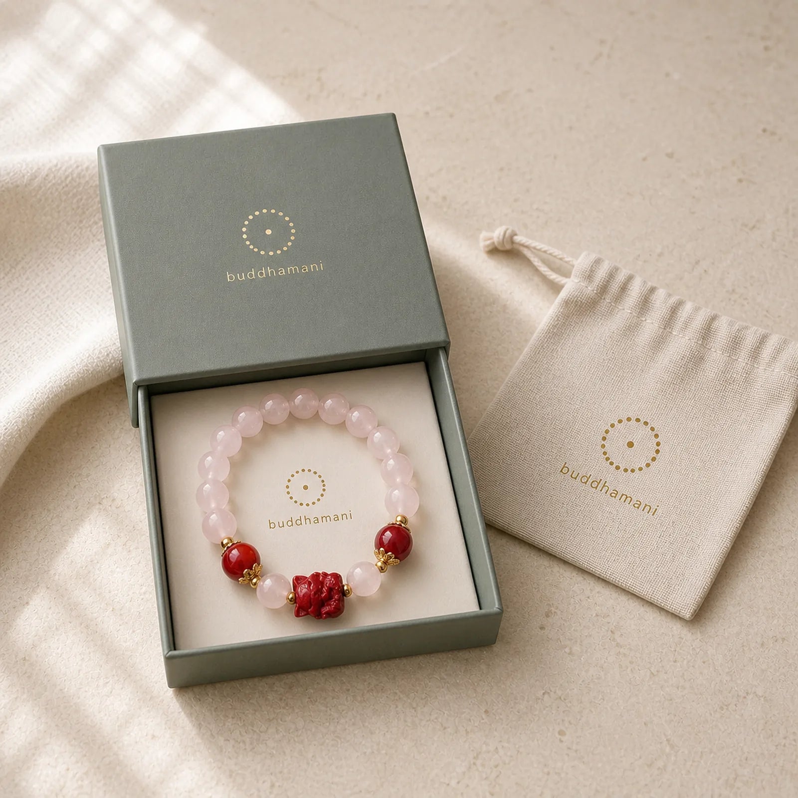 Natural Pink Crystal Cinnabar Nine Tailed Fox Love Bracelet featuring Pink Crystal, Cinnabar, Nine-Tailed Fox