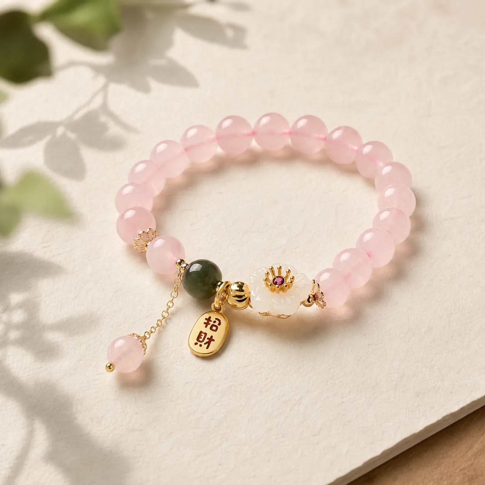 Natural Pink Crystal Jade Flower Warm Love Bracelet featuring Pink Crystal, Jade, Cyan Jade