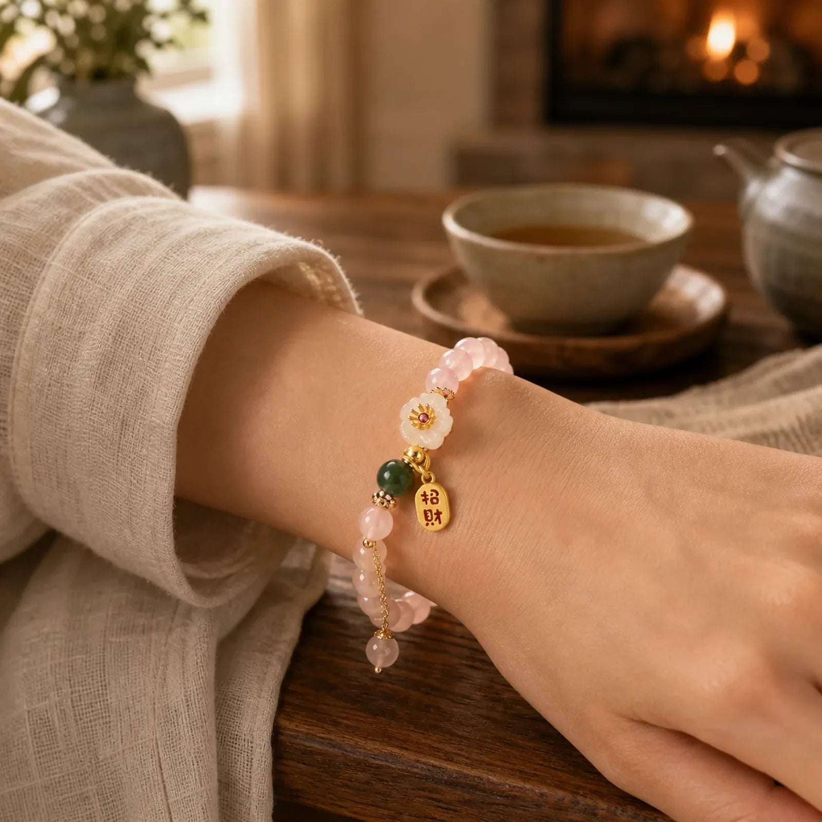 Natural Pink Crystal Jade Flower Warm Love Bracelet featuring Pink Crystal, Jade, Cyan Jade