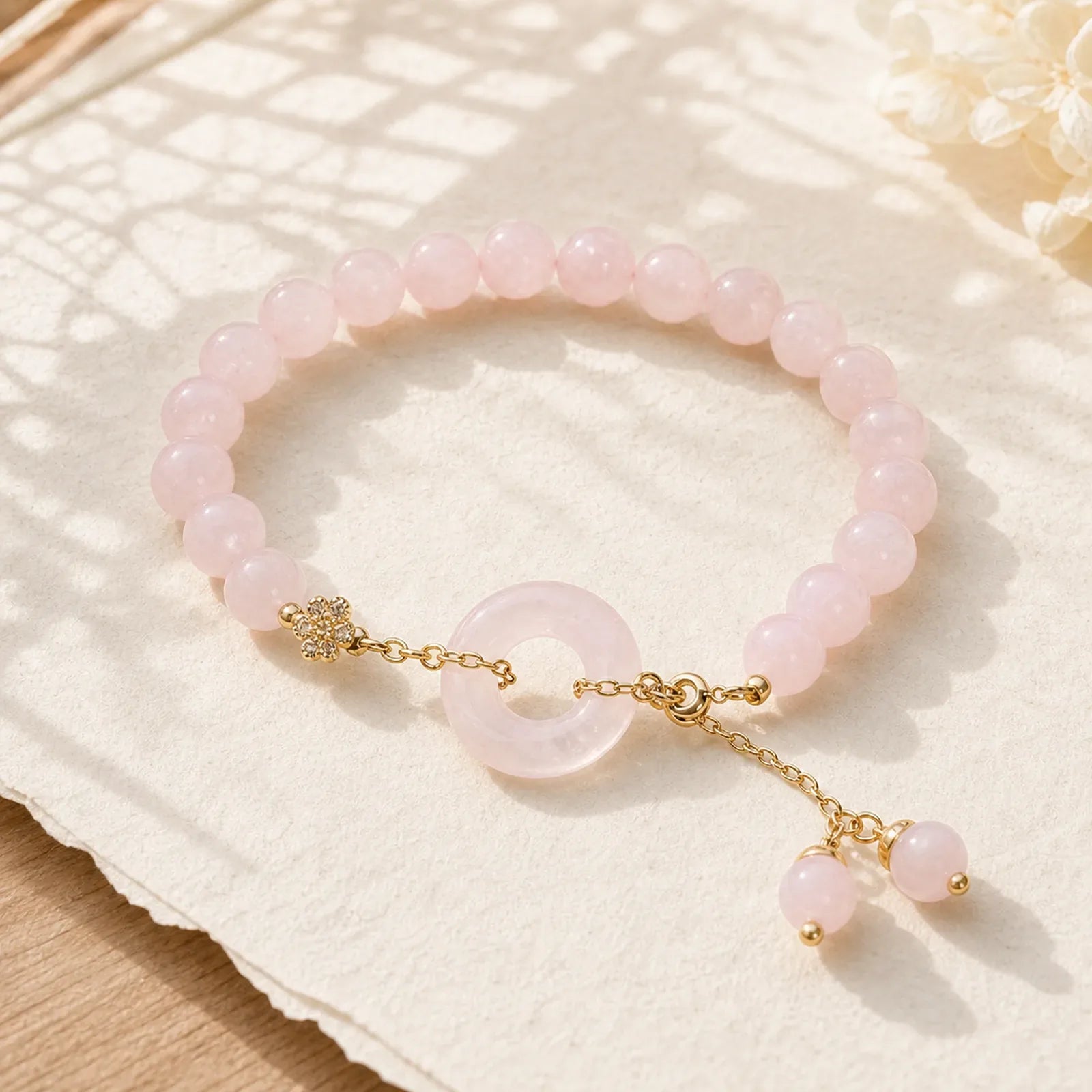 Natural Pink Crystal Peace Buckle Love Charm Bracelet featuring Pink Crystal, Peace Buckle, Copper