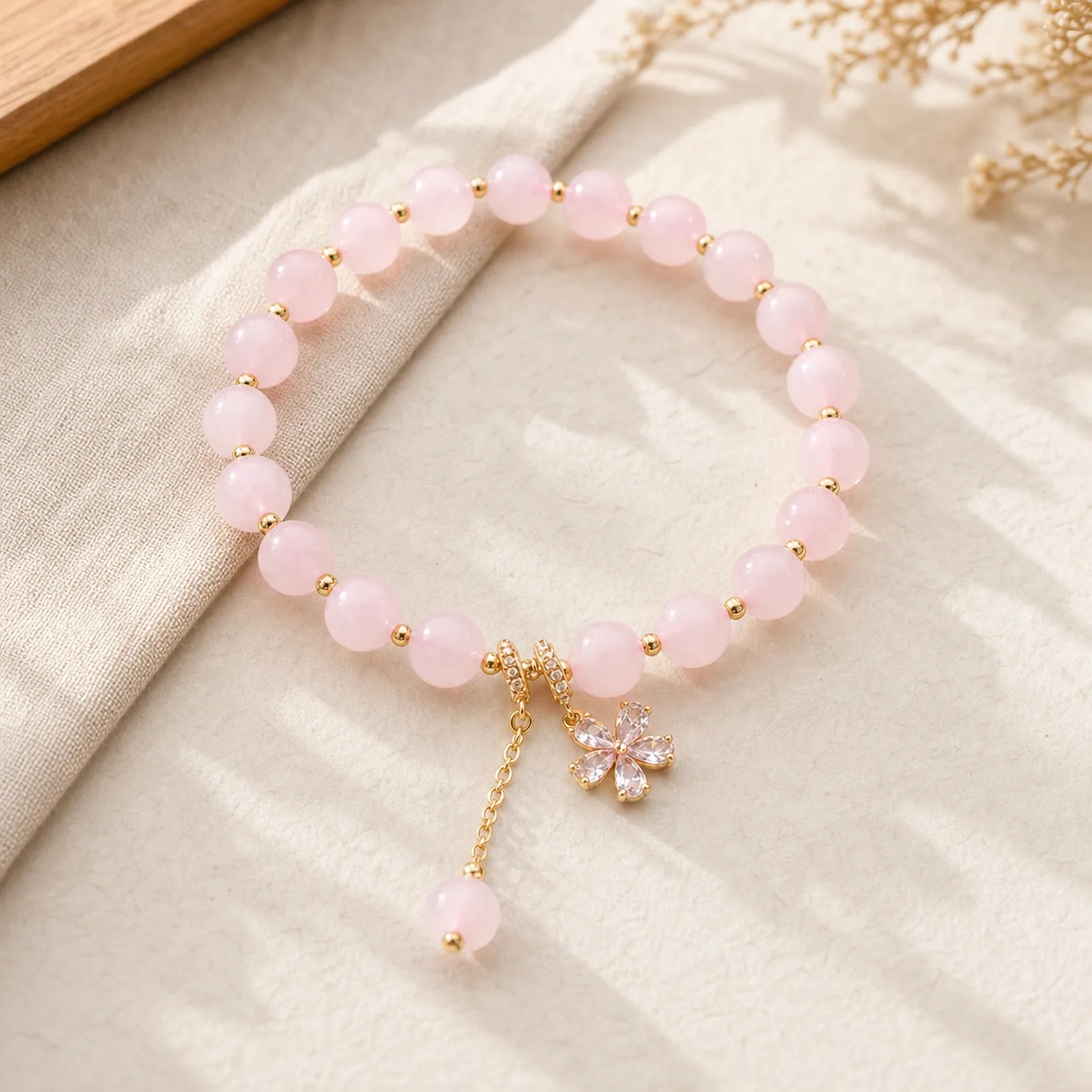 Natural Pink Crystal Plum Blossom Love Bracelet featuring Pink Crystal, Copper, Rose Quartz