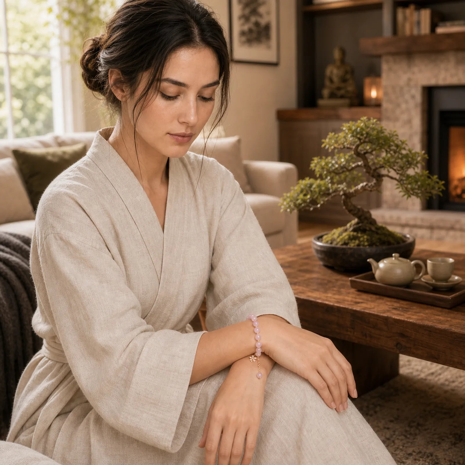 Natural Pink Crystal Plum Blossom Love Bracelet featuring Pink Crystal, Copper, Rose Quartz