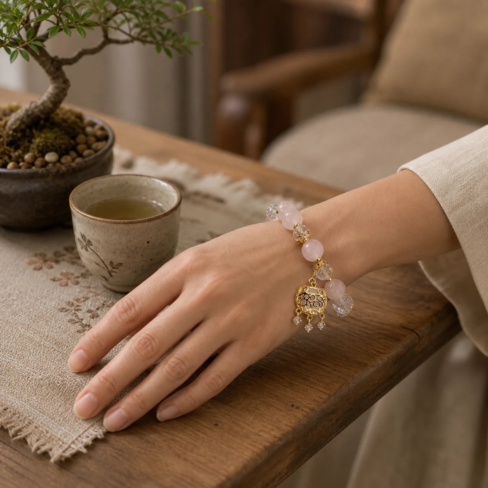 Natural Pink Crystal Soothing Protection Bracelet featuring Pink Crystal, Rose Quartz