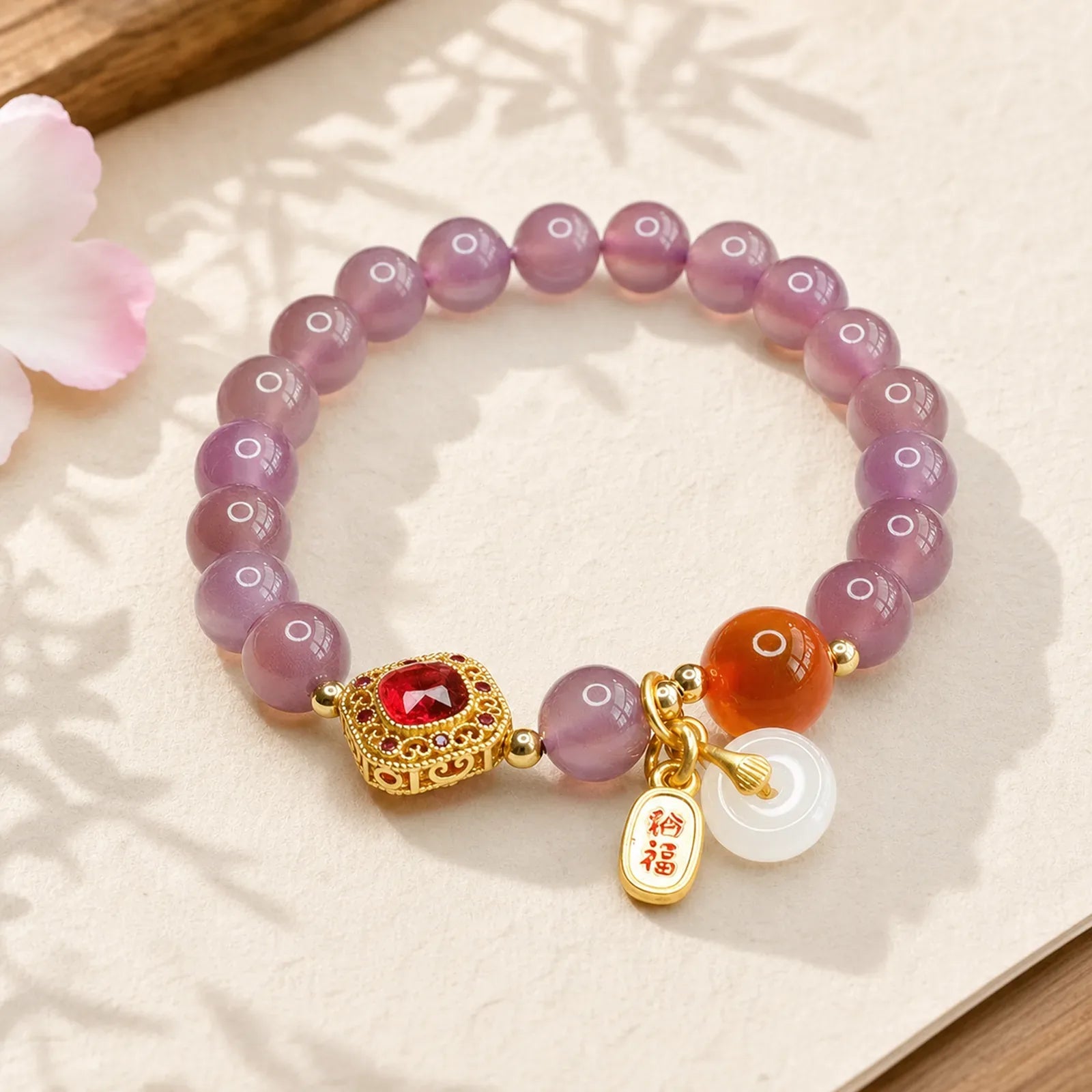 Natural Purple Chalcedony Candy Agate Peace Buckle Harmony Lucky Fortune Charm Bracelet featuring Chalcedony, Candy Agate, Peace Buckle