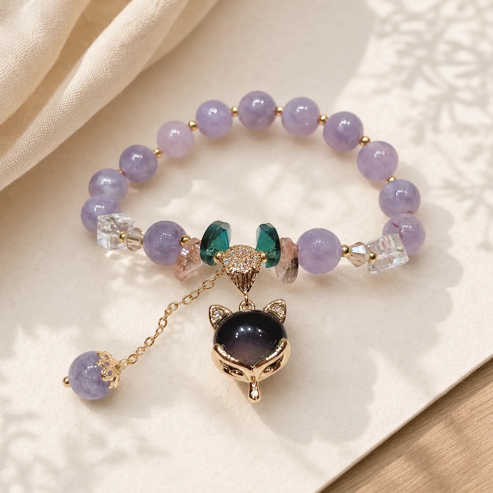 Natural Purple Jade Fox Charm Happiness Bracelet featuring Purple Jade, Jade, Copper