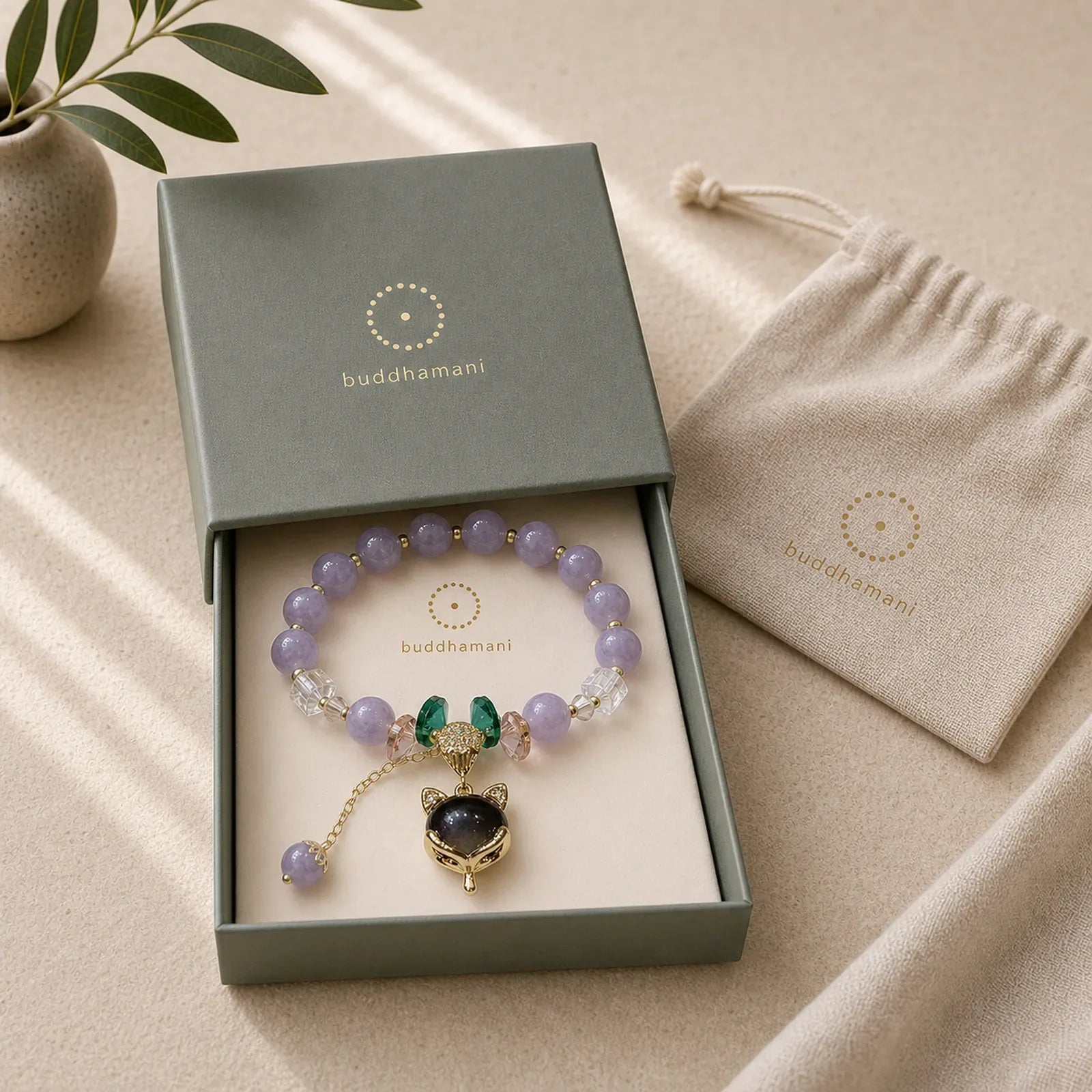 Natural Purple Jade Fox Charm Happiness Bracelet featuring Purple Jade, Jade, Copper