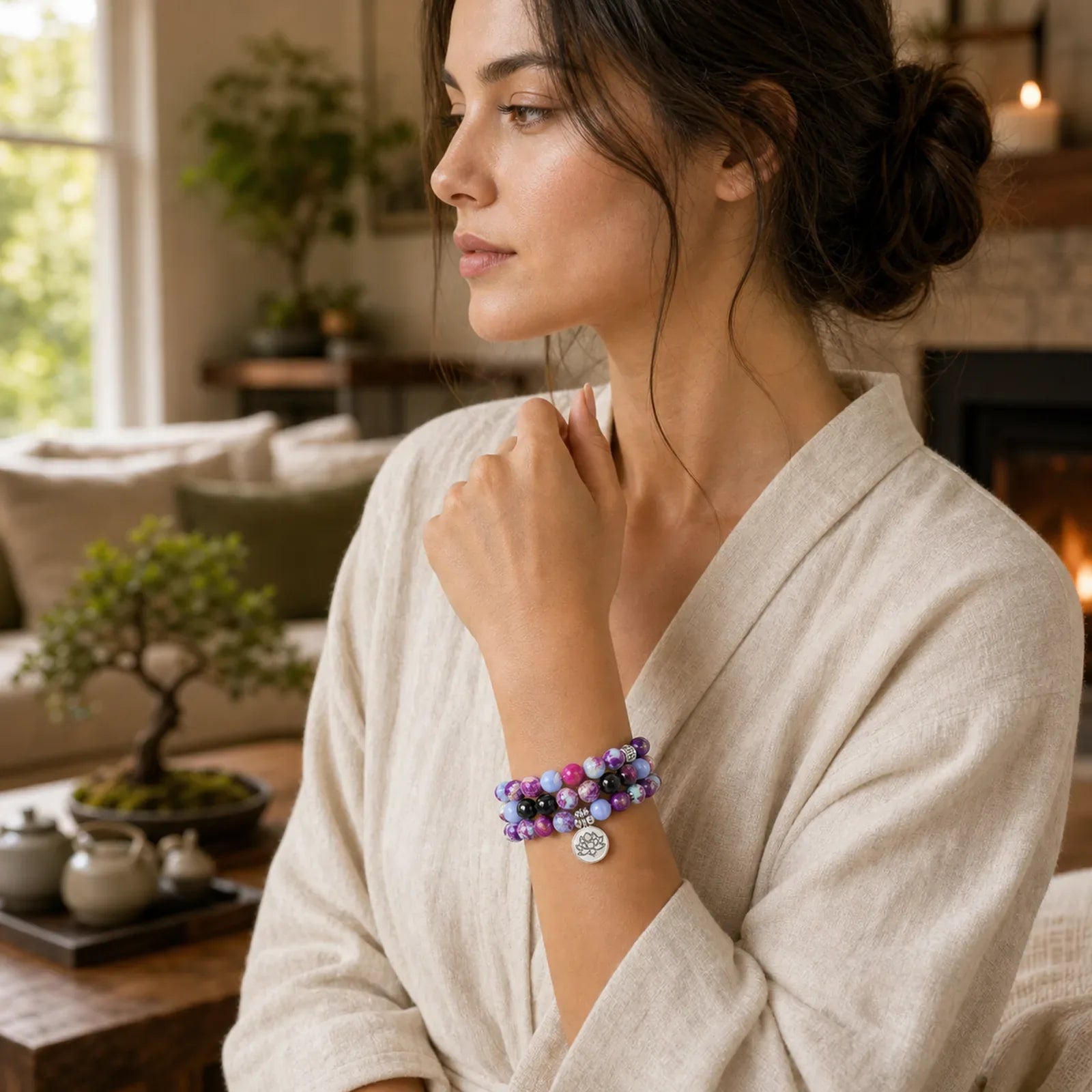 Natural Purple Miano Real Stone Lotus Mala featuring Miano Real, Lotus, Lotus Symbol