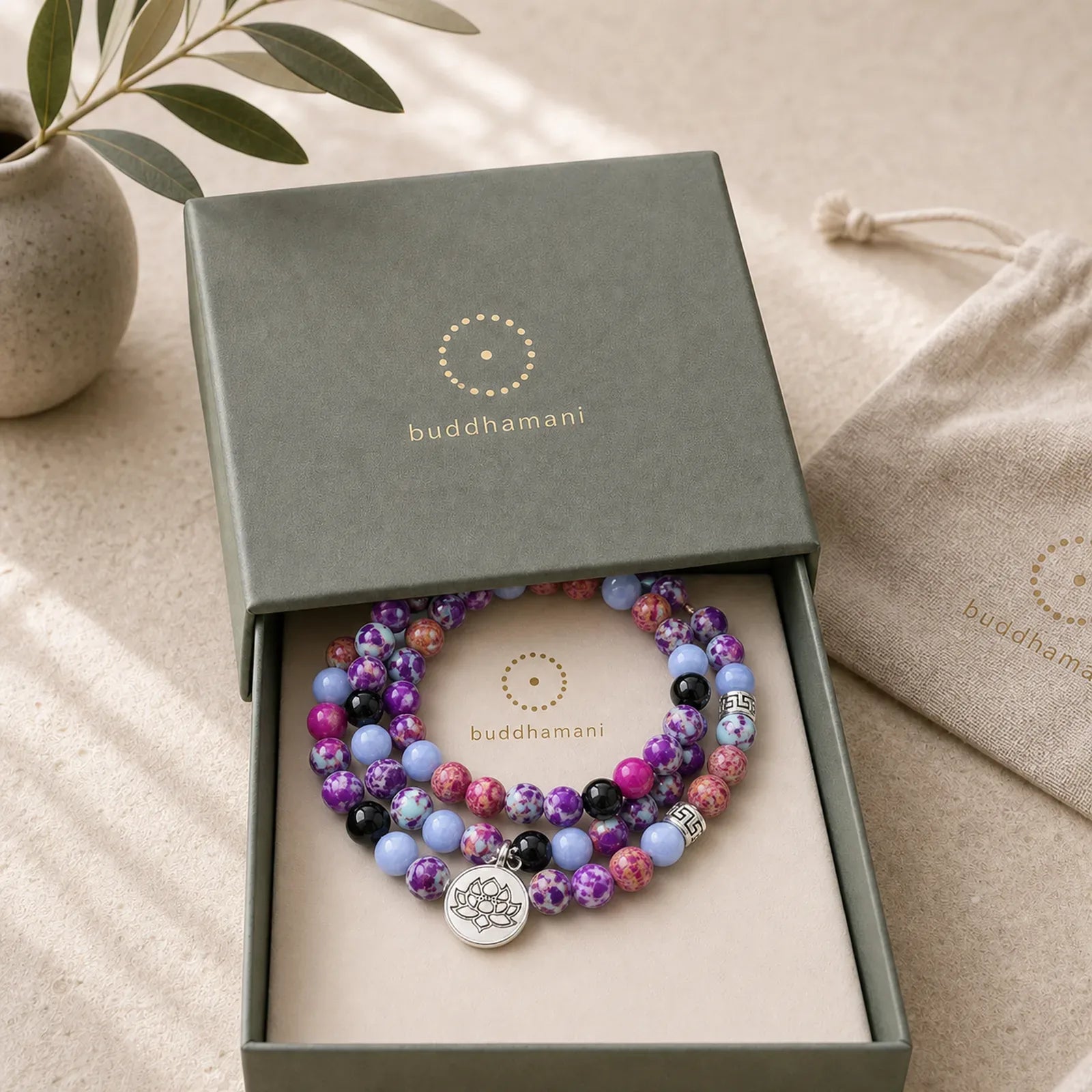 Natural Purple Miano Real Stone Lotus Mala featuring Miano Real, Lotus, Lotus Symbol