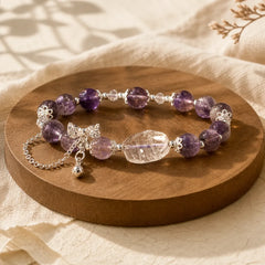 Natural Purple Phantom Bow Wisdom Bracelet featuring Purple Phantom, Clear Quartz / White Crystal, Green Phantom