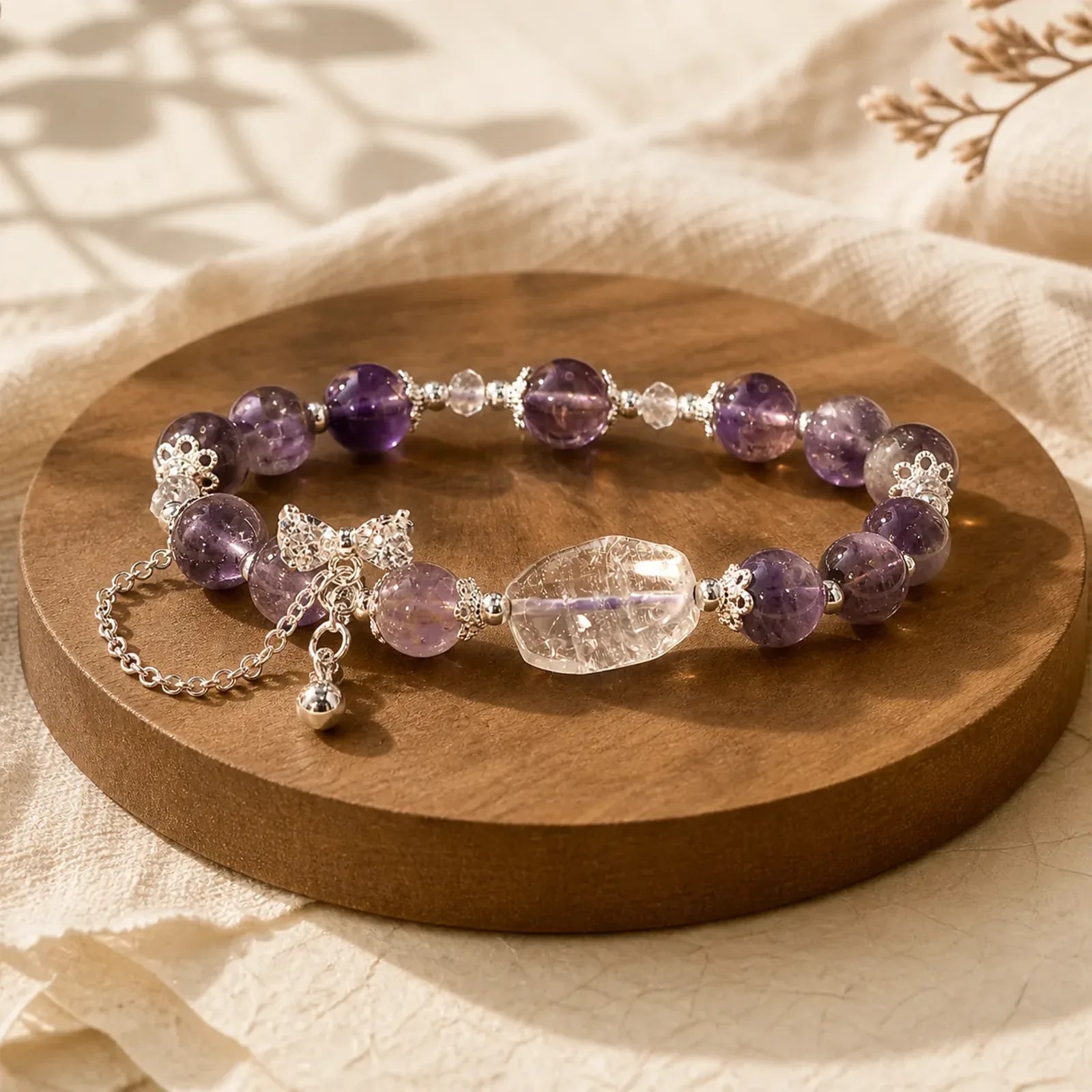 Natural Purple Phantom Bow Wisdom Bracelet featuring Purple Phantom, Clear Quartz / White Crystal, Green Phantom