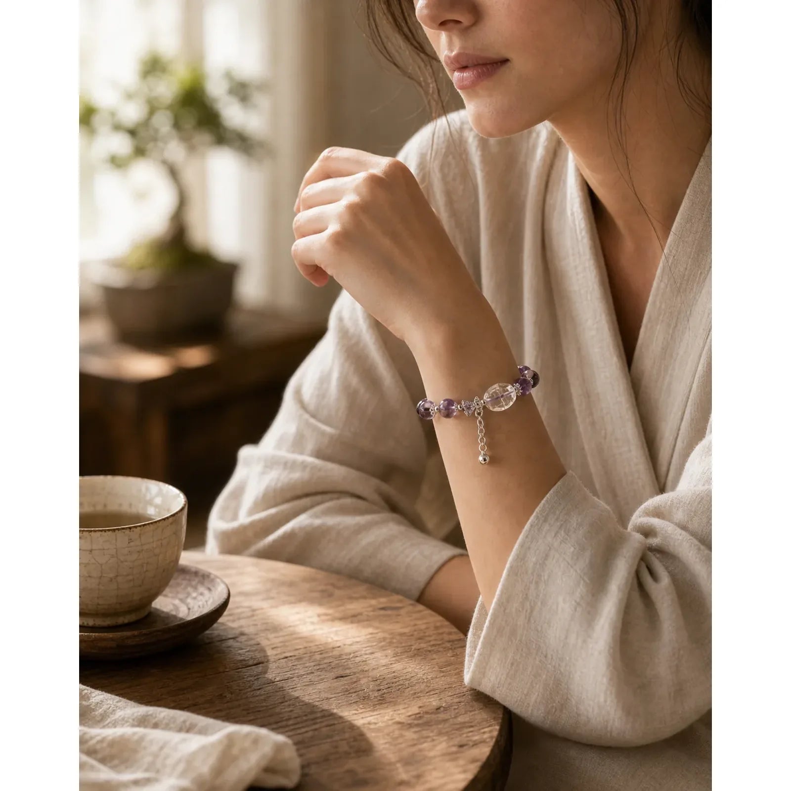 Natural Purple Phantom Bow Wisdom Bracelet featuring Purple Phantom, Clear Quartz / White Crystal, Green Phantom