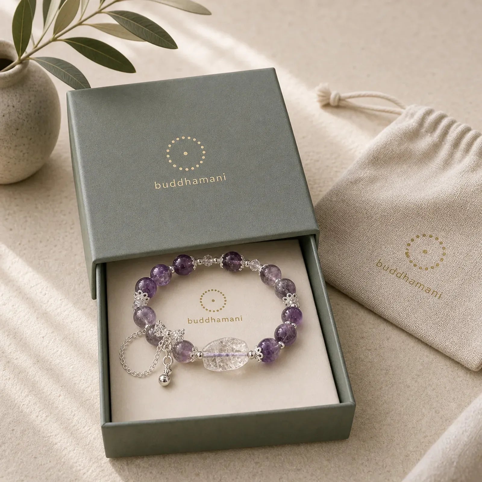 Natural Purple Phantom Bow Wisdom Bracelet featuring Purple Phantom, Clear Quartz / White Crystal, Green Phantom