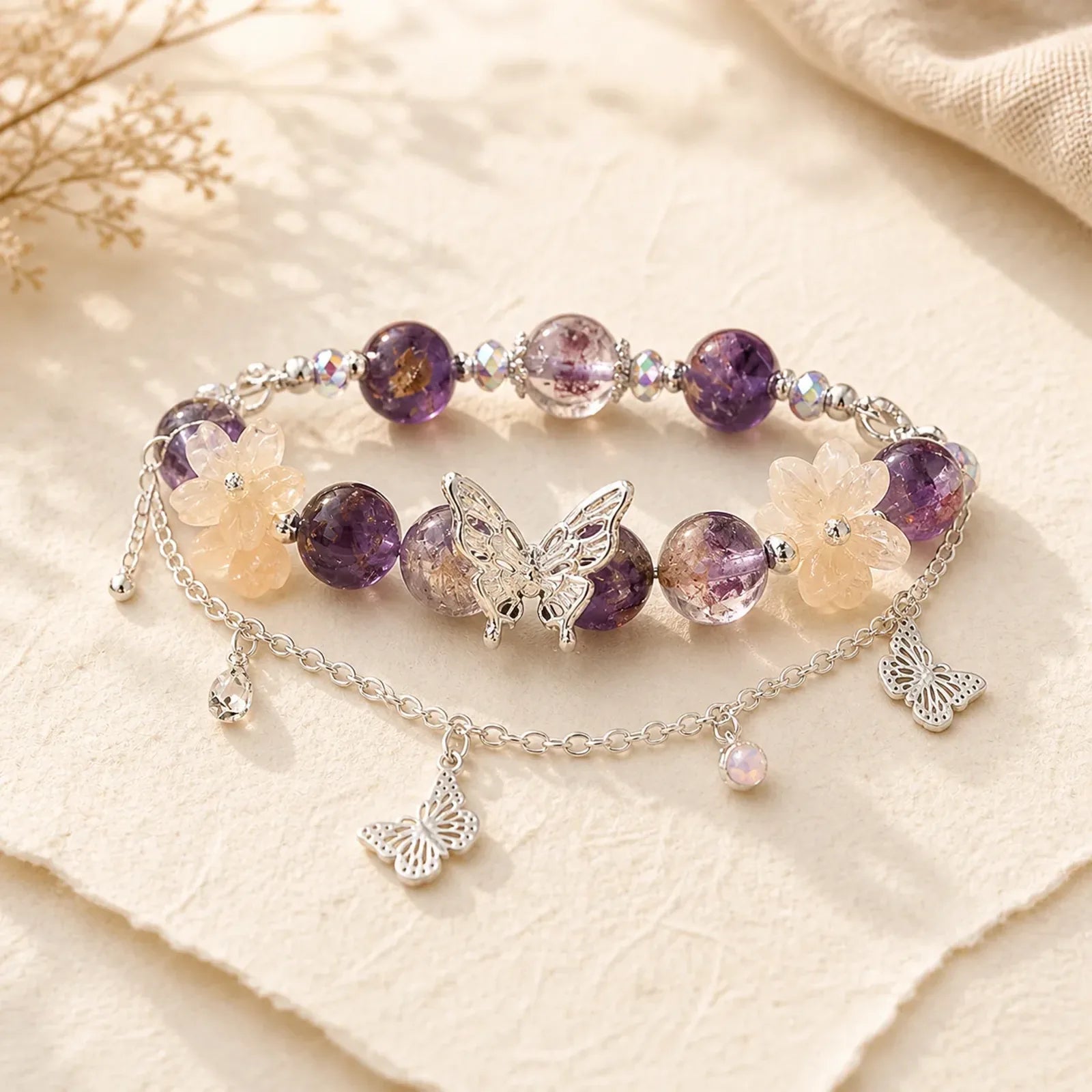 Natural Purple Phantom Butterfly Flowers Wisdom Bracelet featuring Purple Phantom, Butterfly, Clear Quartz / White Crystal